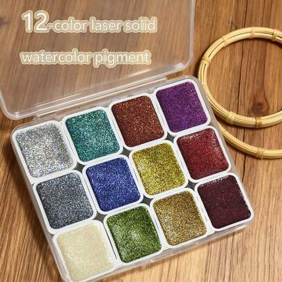 12-Color Laser Solid Watercolor Paint Set | Fantasy Golden Powder Pigment, Art Painting Supplies For Drawing, Calligraphy, Watercolor, Flower Wrapping, Dyeing, Holiday Greeting Card