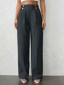 Plus Size Casual Long Wide Leg Pants Woven Fabric Pocket Button Details - Dark Grey - View 6