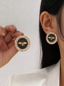 1 par de pendientes de aro con abeja de cristal de moda minimalista y personalizada, adecuados para el uso diario y vacacional de las mujeres - Amarillo Oro - Ver 1