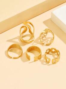 5pcs Asymmetrical Geometric Open Ring Set, Elegant Woven Line Design Stainless Steel Rings, Waterproof & Fade-Resistant, Versatile Daily Wear Jewelry For Women - Geometry - View 6