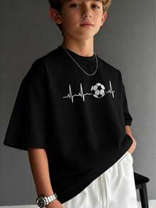 男童及青少年休闲印花圆领短袖T恤，夏季上衣 - 黑色 - 查看 10