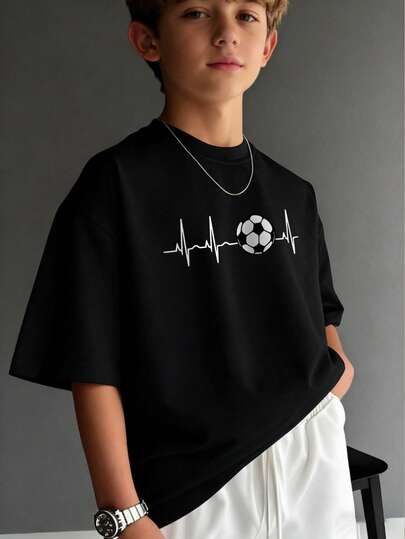 Camiseta de cuello redondo de manga corta con estampado informal para niños preadolescentes, top de verano