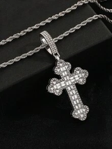 Fashionable Minimalist Cross Pendant Necklace Combo With Twisted Chain And Tennis Chain, Punk Style Zinc Alloy Jewelry For Daily Wear - Silver Cross - View 3