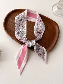 1pc Flower Printed Satin Skinny Scarf For Women, Stylish Hairband Or Bag Decoration Head Neck Tie Bandana,Hair Band,Head Band Ideal For Dressing Up Your Look Christmas - 彩色 - 查看 2