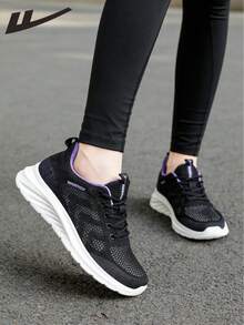 WARRIOR 1双女士透气网面跑步鞋，低帮圆头，轻便防滑系带平底舒适软底休闲运动鞋 - 黑色 - 查看 1