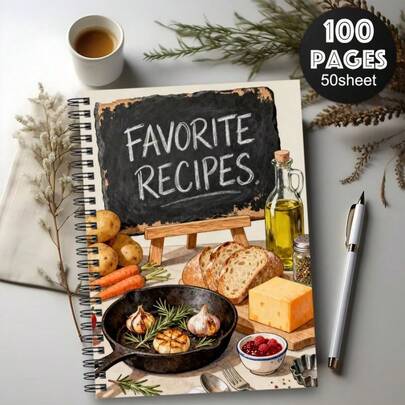 1 pièce Cahier de cuisine relié en spirale de format A5 avec 50 feuilles/100 pages. Journal alimentaire pour la planification de repas sains, comprenant des pages facilement inscriptibles avec des illustrations de poêle en fonte, d'herbes, de légumes et plus encore.