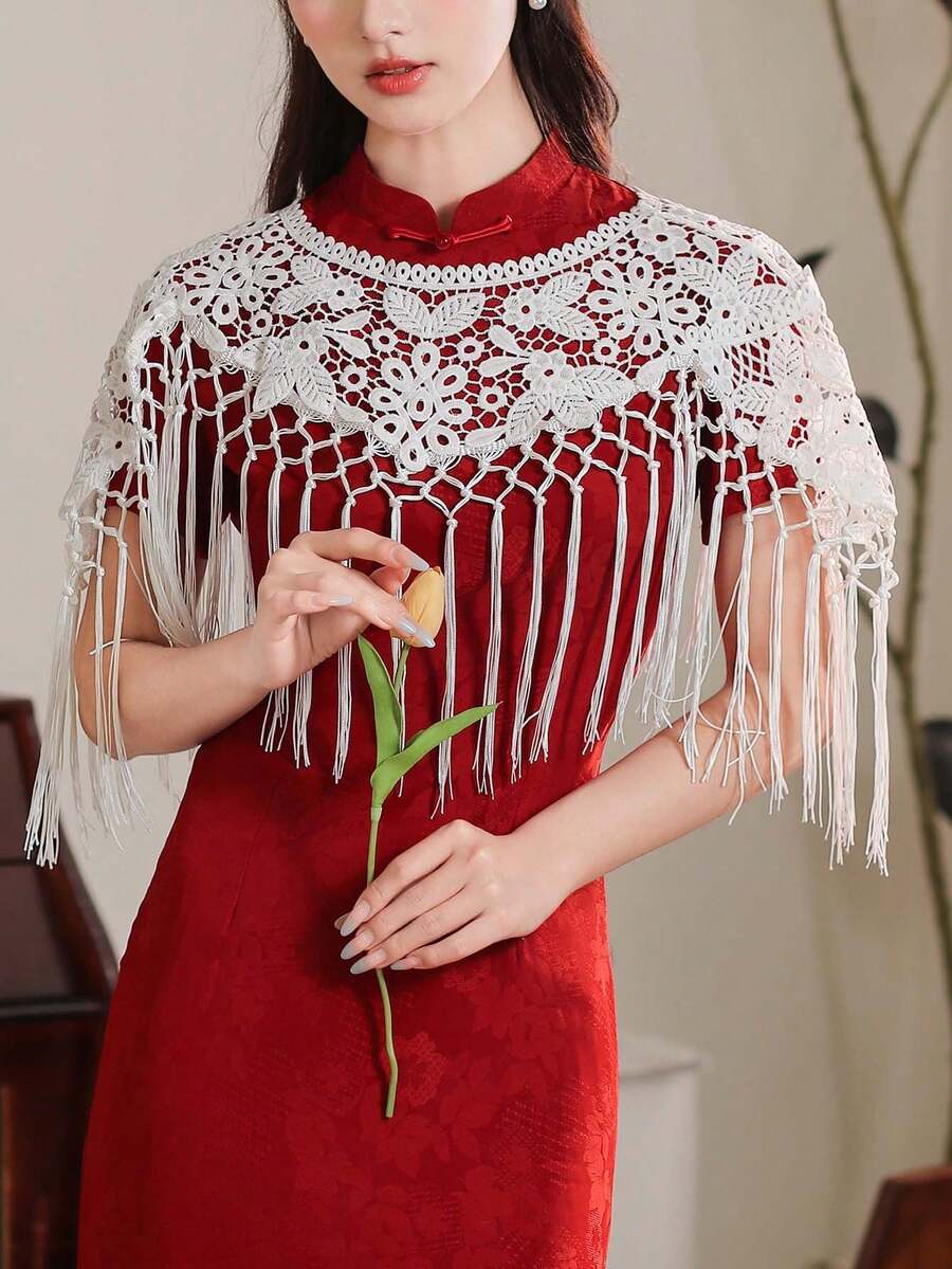 1件套长袍披肩蕾丝流苏新款中国风汉服外套披肩，搭配立领半裙，白色 - 白色 - 查看 1