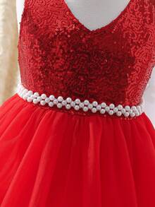 Girls Sequin Mesh Dress With Pearl Belt, Elegant Princess Party Dress For Little Girls - Red - View 5