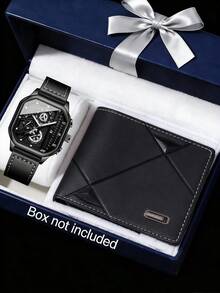 两件套男士时尚商务手表套装，包括1块黑色表盘机械石英表，配黑色PU皮表带和金色饰边，以及1个黑色几何缝线PU皮钱包。 - 黑色 - 查看 2