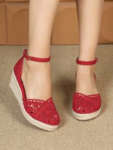 Giày sandal nữ đế xuồng bằng vải lanh, dây thừng, ren, khoét lỗ, mũi tròn, kiểu dáng casual, thoáng khí, gót dày, kiểu sandal ngư dân, đa năng. - Đỏ - Xem 5
