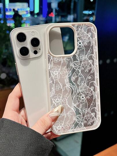 1pc Elegant Light Pink Lace Floral Pattern Phone Case, Beige Frame Transparent Back Shock-Proof Protective Cover, Compatible With IPhone 17 Pro Max/17 Pro/17/16 Pro Max/16/16 Pro/16 Plus/15/15 Pro Max/15 Pro/15 Plus/11/12/13/14 Pro Max/11 Pro Max/12 Pro/12 Pro Max/13 Pro/13 Pro Max/14 Pro/14 Pro Max/14 Plus, Suitable As A Gift For Family, Couples, Friends