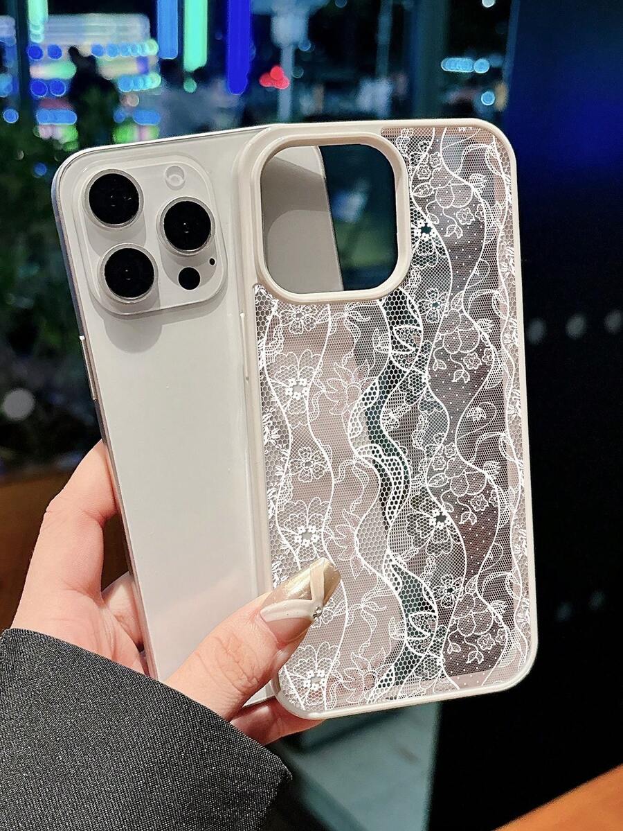 1pc Elegant Light Pink Lace Floral Pattern Phone Case, Beige Frame Transparent Back Cover Shockproof Protective Shell, Suitable For IPhone17/16/15/14/13/12/11/Pro/Pro Max/Plus, Perfect Gift For Family, Couples, Friends