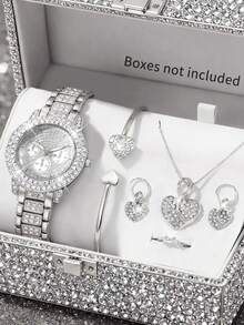 6件套时尚女士石英表，简约百搭，奢华全钻圆形表盘，金色合金钢表带，搭配心形钻石手链、项链、耳环、戒指和首饰组合套装，适合日常和节日佩戴，送给闺蜜、女士或冬季礼物的理想之选。 - 金色 - 查看 5