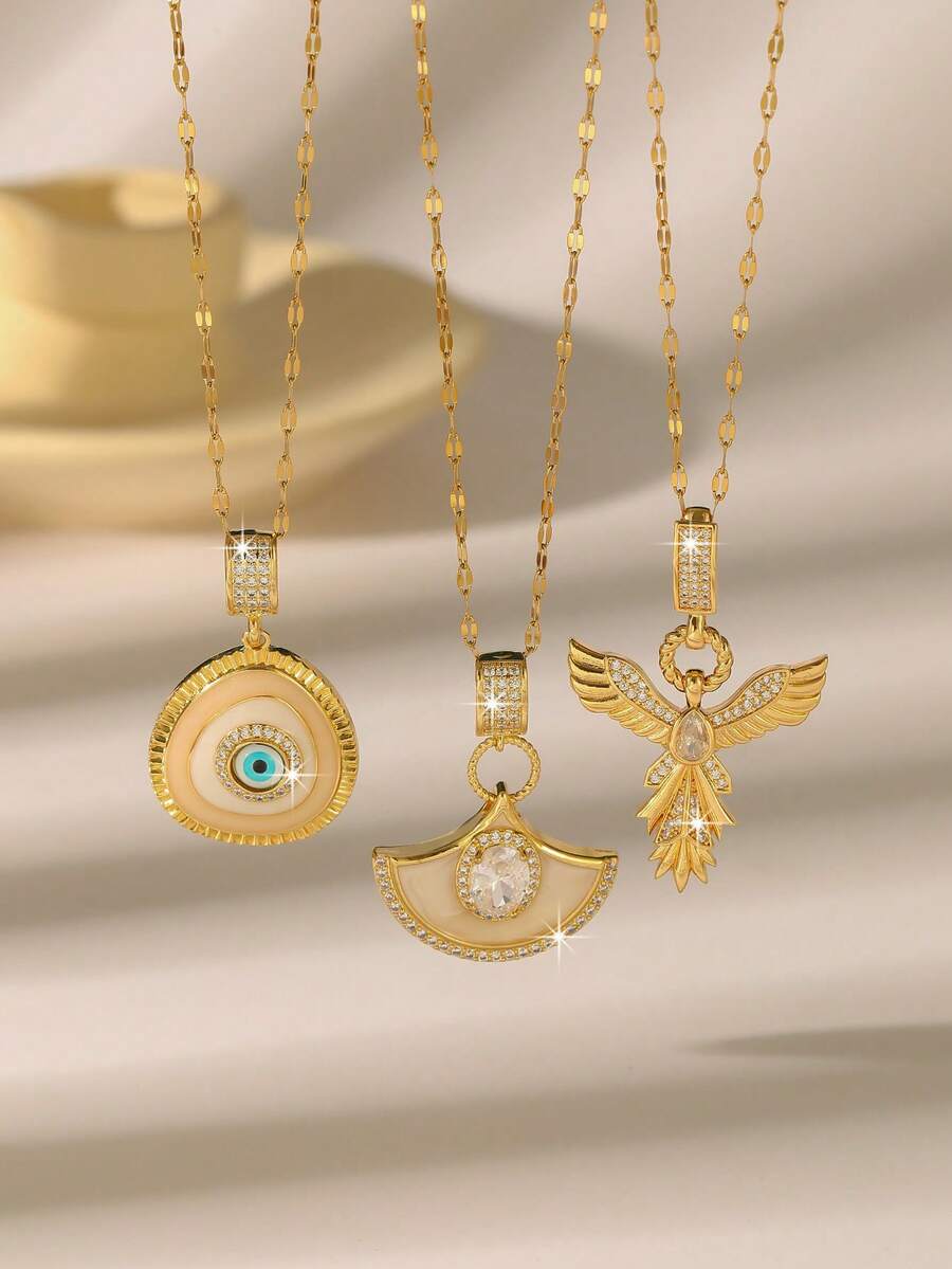 Mặt dây chuyền lấp lánh đính đá - "Quyến rũ ngay từ cái nhìn đầu tiên, tỏa sáng giữa những chiếc quạt, che chở bằng đôi cánh" - Mặt dây chuyền hình mắt quỷ/quạt thanh lịch/chim bay, mang đến sự lãng mạn và may mắn quanh cổ, thích hợp cho các cặp đôi, quà tặng ngày Valentine, đeo hàng ngày. - Vàng - Xem 1