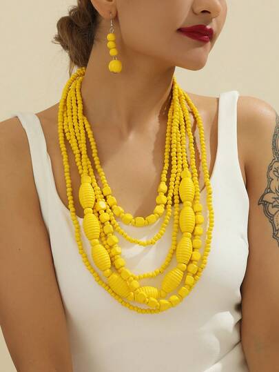 1 Set Handmade Multi-Layer Exaggerated Wooden Bead Necklace, Boho Style Bib Necklace For Women, Suitable For Beach, Party, Middle East Evening Gala, Beautiful Ocean-Themed Jewelry Necklace & Earrings