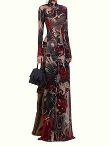 Summer Street Snake Skin Pattern High Neck High Slit Long Top - Multicolor - View 3