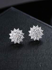 1 Đôi bông tai đinh tán hình bông tuyết tối giản, đa năng, đính đá Cubic Zirconia. - Bạc - Xem 15