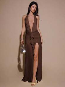 2026 Dresses For WomenBAE Sexy Minimalist Solid Yellow Cream Deep V-Neck Halter Bodycon Ruched Fitted Women's Maxi Mesh Dress, Suitable For Party, Cocktail, Formal Occasions, Bridesmaid, Birthday, Business Casual, Elegant Women Maxi Dress,Valentine's Day,Valentine Fits For WomenLoose And Comfortablevestidos - 咖啡棕 - 查看 4
