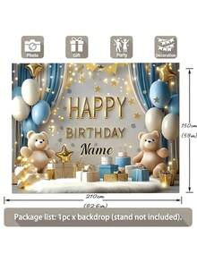 1pc Customizable Happy Birthday Background Cloth, Cute Bear, Blue & White Balloons, Gold Glitter Stars Design, Personalized Birthday Party Cake Table Backdrop, Vinyl Photography Banner - D - View 4