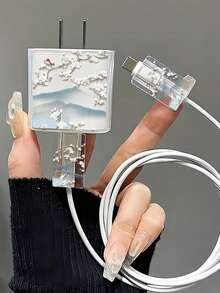 3pcs Set Of Cute Cat, Bear, White Floral Design Protective Cases Compatible With Apple 20W Charger And Charging Cable - Multicolor - View 9