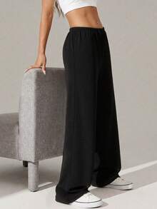 Women's Casual Drawstring Wide Leg Pants, Elastic Waistband, Loose & Comfortable, Suitable For Daily Wear, Hiking, Trekking, Running, Cycling - Black - View 3