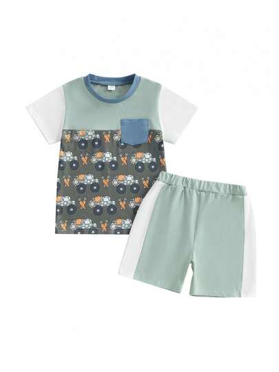 Conjunto de Pascua para niño, camiseta de manga corta con cuello redondo y pantalones cortos con cintura elástica, estampado de zanahoria, 2 piezas