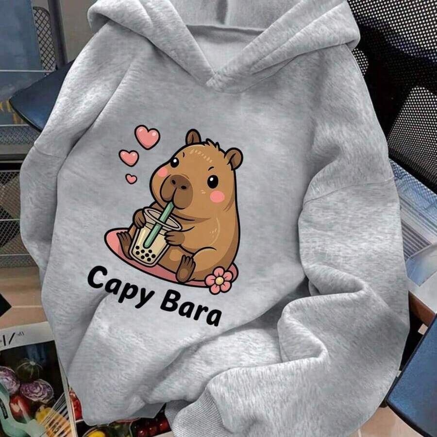 Casual Printed Sweatshirt For Pre-Teen Girls, Thermal Lining, Long Sleeves, Autumn/Winter School Clothing, Children's Blouse - 淺灰色 - 查看 1