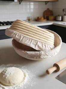 1个现代椭圆/圆形藤编面包发酵篮，带内衬，适用于酸面包烘焙，多功能厨房工具，食品级，多种尺寸可选，适合圣诞节、复活节、感恩节和父亲节。 - 白色 - 查看 3