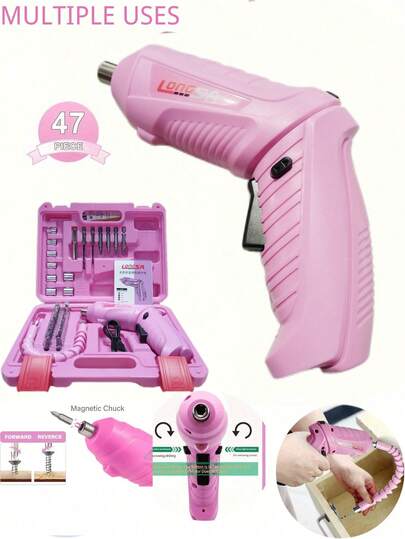 47 piezas Kit de herramientas eléctricas rosa, adecuado para mantenimiento y reparación del hogar, destornillador inalámbrico de batería de litio mini, destornillador inalámbrico MQFORU, taladro inalámbrico portátil 47 en 1, juego de destornillador eléctrico recargable con mango de doble posición, cable USB y luz LED, para herramientas DIY de oficina en el hogar