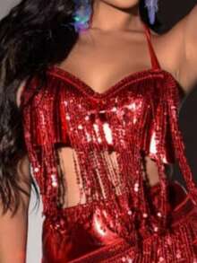 Women's Sequin Carnival Set – Fringe Top + Tie Skirt – Sexy Costume For Casual Elegant Party With Fringe And Knot - 紅色 - 查看 2