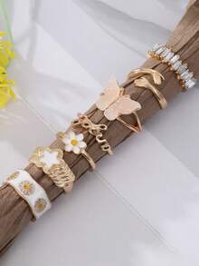 1 Set de Anillos con Efecto Gota de Aceite Rosa Estilo INS, Anillo de Estrella de Cinco Puntas Dulce, Anillos con Mariposa y Margarita Abrazando Letras - Multicolor - Ver 5