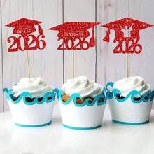 12个2025毕业主题纸杯蛋糕装饰插牌，闪光2025毕业帽纸杯蛋糕插签，2025毕业主题派对蛋糕装饰 - 彩色 - 查看 10