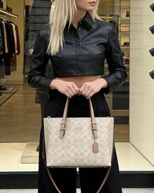 Coach Mollie Tote Shoulder Bag Monogram Canvas Women's Handbag Large Capacity Crossbody Purses 2way Commuter Bag - Sand Yellow With Taupe - View 4