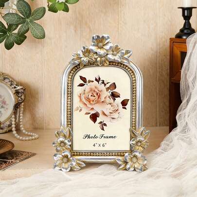 1pc 4X4, 4X6 And 5x7 Inch Vintage Photo Frame, Round Bow & Arched Flowers, Elegant Gold Resin Wall And Tabletop Frame With Random Photo Paper - Perfect For Wedding Anniversaries, Valentine's Day Gifts, Home And Office Decorations, Vintage Decorations