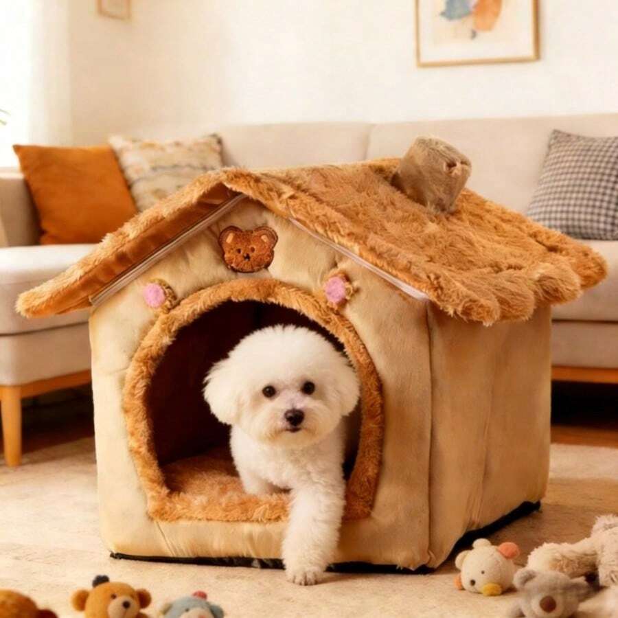 泰迪熊小屋宠物床，全封闭式设计，可水洗保暖，适合猫狗四季皆宜 - 彩色 - 查看 1