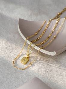 Set de 2 collares con colgante geométrico rectangular dorado con microincrustraciones de circonita y estallido de estrella, con cadena de cuentas y cadena de clip de papel para mujeres (cantidad aleatoria de cierres de cadena) (cantidad aleatoria de cuentas) - Amarillo Oro - Ver 3