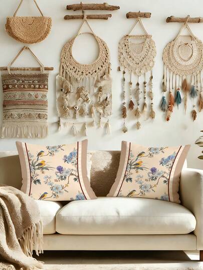 2 Pcs Colorful Flower And Bird Pattern Throw Pillow Covers Spring Super Soft Pillowcases Farmhouse Pillow Covers (No Filling)