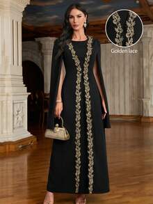 女士优雅中东风格长袍——长袖，拼接/纯色可选，蕾丝边饰，适合春秋季节、毕业典礼、派对和节日庆典等场合。 - 黑色 - 查看 1