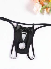 Tanga sexy y cómodo para hombres con patrón de lazo hueco y collar - Negro - Ver 2