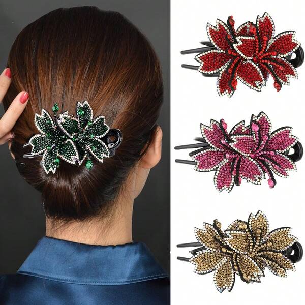 1pc Luxury Sparkling Crystal Flower Hair Clip, Korean Style Hair Accessory Suitable For Women And Girls With Thick Long Hair