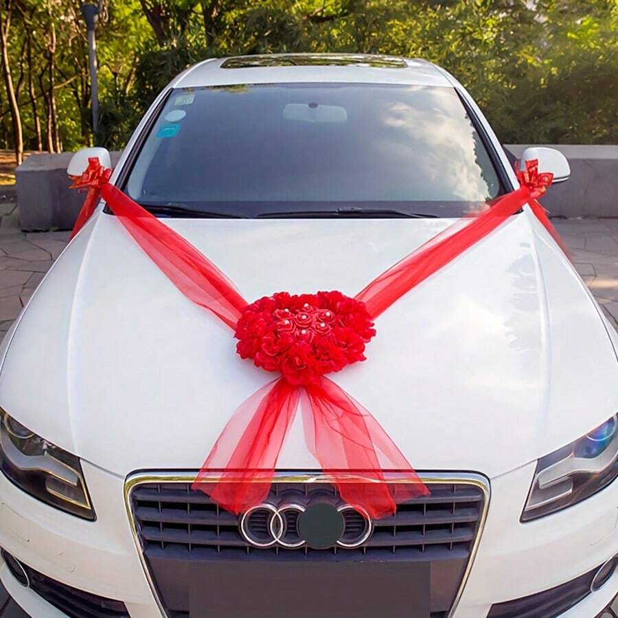 优雅布艺花车花环，配缎带蝴蝶结 - 心形玫瑰仿真花，婚礼装饰门把手花，蝴蝶花环，生动婚礼及订婚门把手装饰，紫色/粉色/红色仿真花卉摆设，婚车装饰，适用于婚礼、户外庆典、婚礼用品