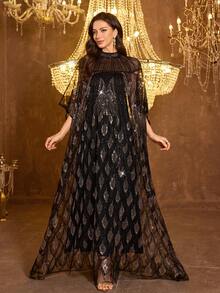 SUPGIR 女士立领长袖手工镶钻缎面晚礼服 - 黑色 - 查看 2