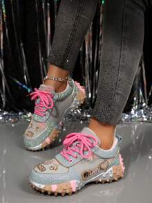 2026新款女士闪亮水钻运动鞋，透气休闲厚底鞋，时尚百搭厚底派对鞋 - 粉色 - 查看 3