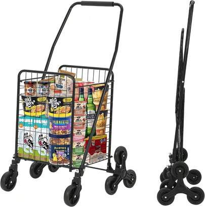 Carrito de compras plegable con ruedas para subir escaleras, capacidad de 110 libras y cesta grande de 22 galones, ruedas giratorias de 360°, carrito utilitario plegable para comestibles, lavandería, equipaje y picnic.