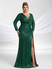 YISIKADO Plus Size V-Neck Long Sleeve Sequin Decor Mermaid Maxi Dress - Dark Green - View 1