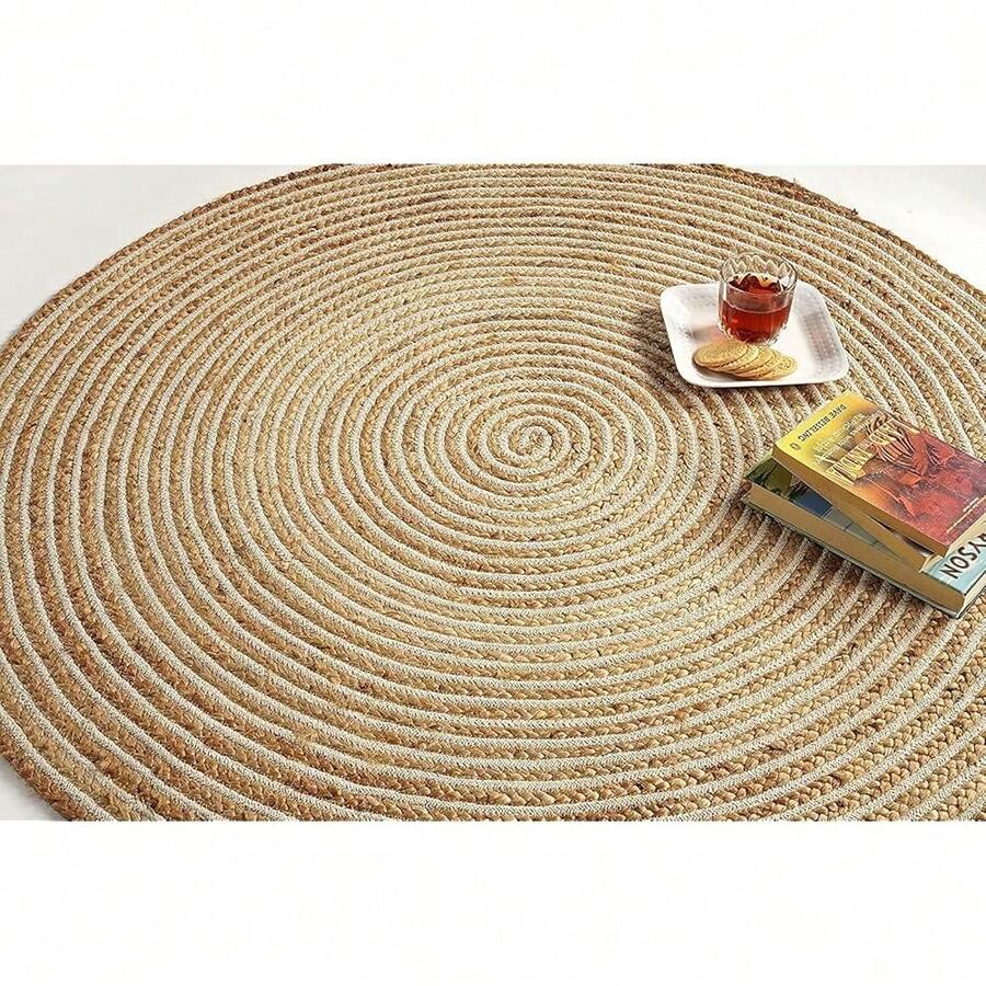 Handwoven 4ft Jute Area Rug Natural Fiber Cotton Round Boho Farmhouse Rustic Vintage Soft Braided Reversible Friendly Rugs- Indoor Outdoor Kitchen Bedroom Living Room Hallways (4'ft Round) - 自然-13 - 查看 1