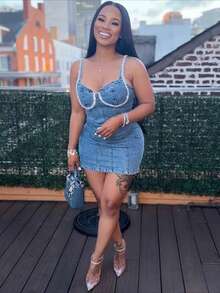 Women's Denim Sleeveless Mini Bodycon Short Dress Elastic Tight Washed Dress Slim Fit Off-Shoulder Dress Casual Vintage For Spring Summer Fall Women Clothes Valentine's Day Night Date Outfit Graduation Party - 藍色 - 查看 2