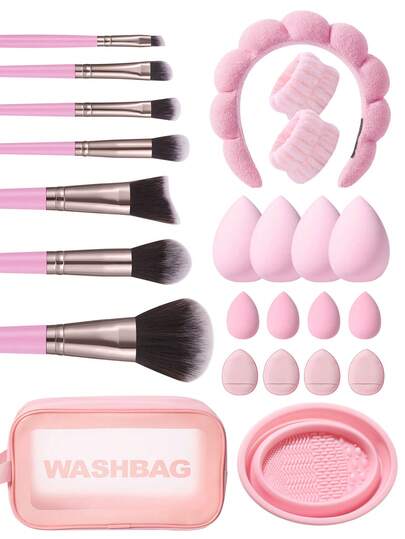 24件套化妆工具套装，包括：7支化妆刷套装+1个多功能防水拉链化妆包+1套化妆刷清洁工具+4个迷你气垫粉扑+4个迷你化妆海绵+4个化妆海绵+2个手碗挂绳+1个发带，一应俱全，新手友好 | 方便旅行携带，送礼佳品 | 新手/女性的完美之选