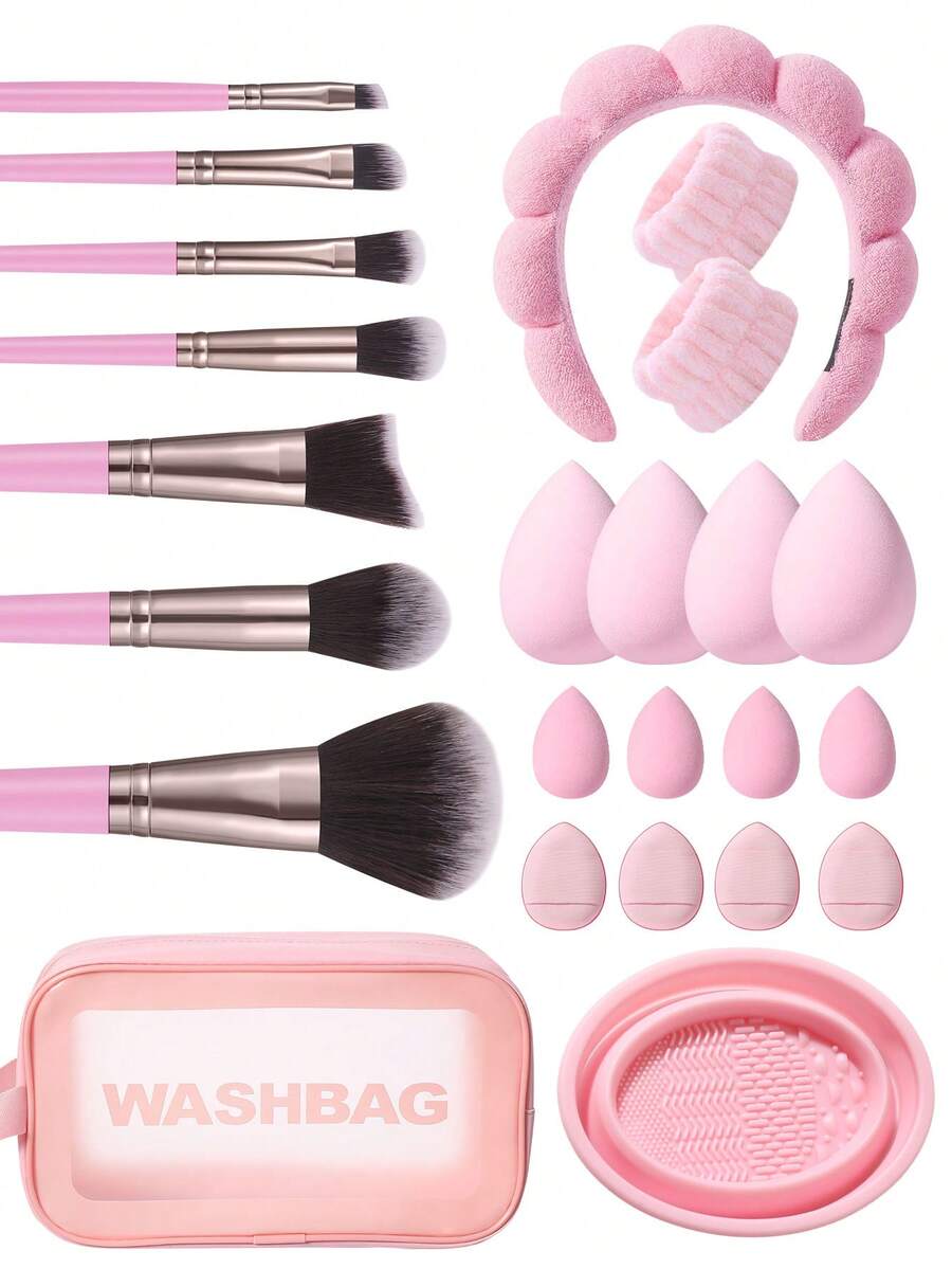 24件套化妆工具套装，包括：7支化妆刷套装+1个多功能防水拉链化妆包+1套化妆刷清洁工具+4个迷你气垫粉扑+4个迷你化妆海绵+4个化妆海绵+2个手碗挂绳+1个发带，一应俱全，新手友好 | 方便旅行携带，送礼佳品 | 新手/女性的完美之选 - 彩色 - 查看 1