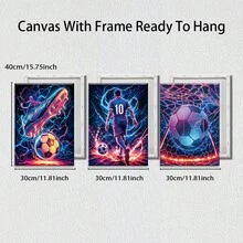 Set di 3 pezzi di arte da parete in tela con tema calcio al neon, stampe vibranti di fuoco e fulmini, decorazione sportiva moderna per sala giochi, camera da letto e stanza degli uomini, con cornice opzionale - Multicolore - Visualizzare 9